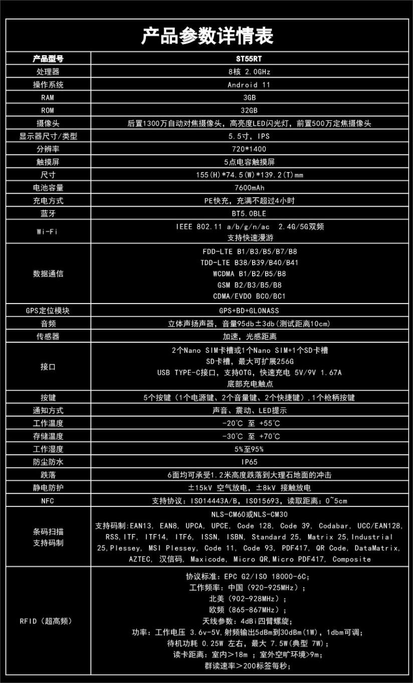 思必拓ST55RT RFID高功率手持终端参数图